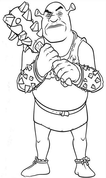 kolorowanka Shrek ogr wojownik z maczugą, malowanka do wydruku z bajki dla dzieci, do pokolorowania kredkami, obrazek nr 26